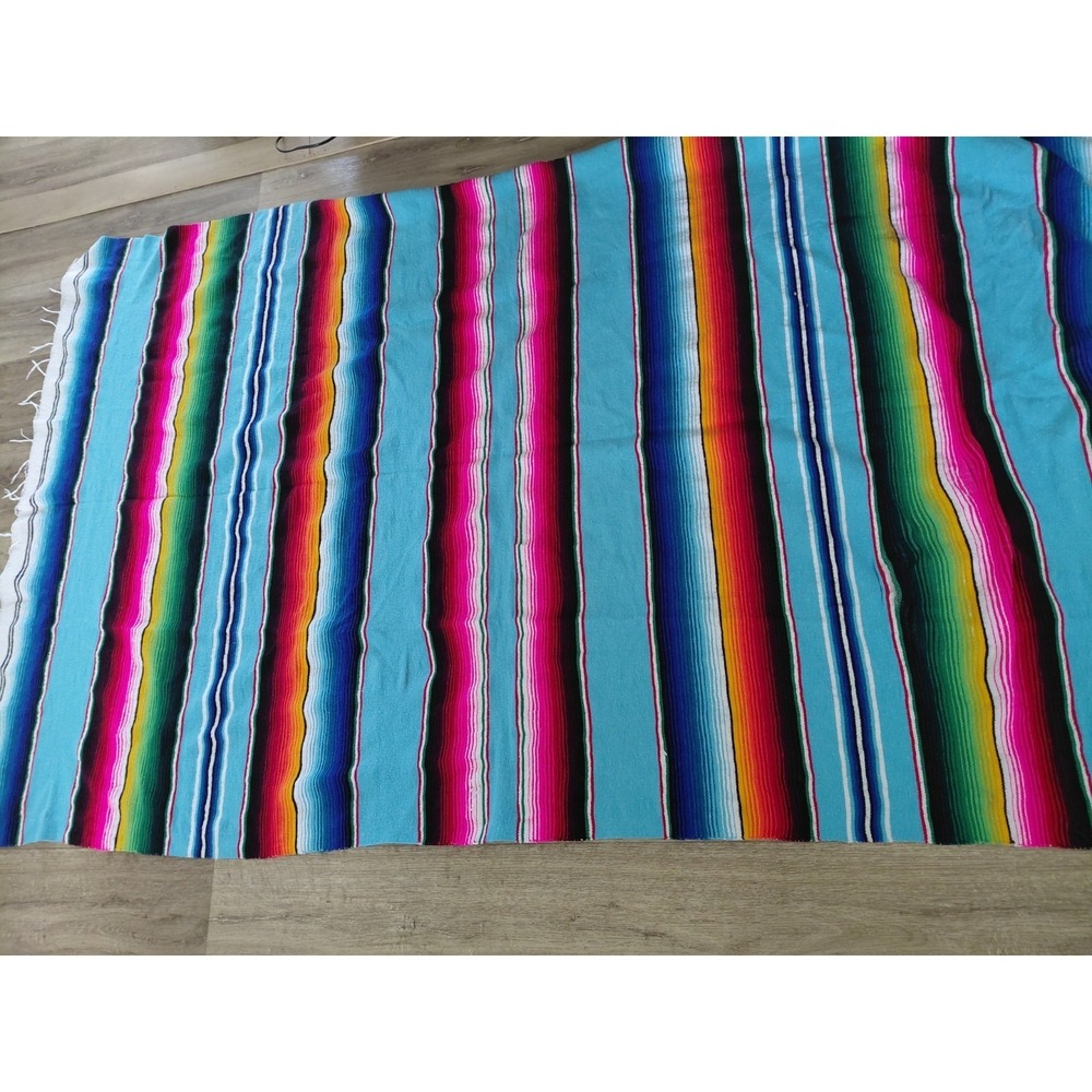 Mexican Saltillo Serape Fringed Blanket 50x80 Colorful Vivid Striped Turquoise